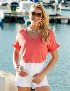 Promo ⌛ SOSANDAR Women Modal Rich V-Neck Frill Detail T-Shirt 🤩 -New In Womens Sales 2022 MS 01 T83 8138S A0 X EC 2