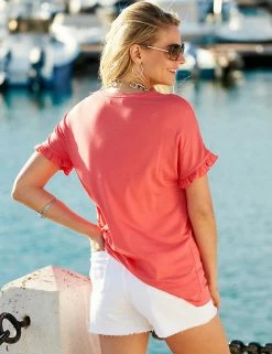 Promo ⌛ SOSANDAR Women Modal Rich V-Neck Frill Detail T-Shirt 🤩 -New In Womens Sales 2022 MS 01 T83 8138S A0 X EC 3