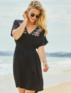 Discount 👏 SOSANDAR 👗 Dresses Embroidered V-Neck Waisted Mini Beach 👗 Dress 🧨