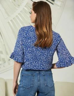 Hot Sale 🎉 SOSANDAR 👚 Shirts & Blouses Animal Print Ruffle Short Sleeve Blouse ⌛ -New In Womens Sales 2022 MS 10 T83 3222S E4 X EC 3