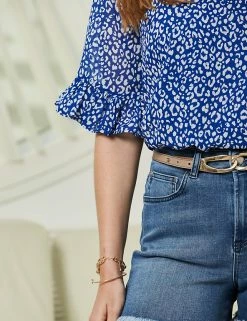 Hot Sale 🎉 SOSANDAR 👚 Shirts & Blouses Animal Print Ruffle Short Sleeve Blouse ⌛ -New In Womens Sales 2022 MS 10 T83 3222S E4 X EC 4