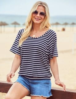 Deals 🎉 SOSANDAR Women Striped Scoop Neck Short Sleeve T-Shirt 🔔 -New In Womens Sales 2022 MS 10 T83 3231S F4 X EC 3