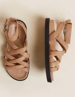 New 🛒 M&S Collection Leather Ankle Strap Flat 🩴 Sandals 😍 -New In Womens Sales 2022 SD 01 T02 4620 TK X EC 1