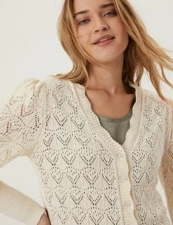 Budget 🔥 M&S Collection Cardigans Cotton Rich Pointelle V-Neck Cardigan 💯 -New In Womens Sales 2022 SD 01 T38 0621 K1 X EC 2