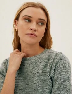 Budget 🎉 M&S Collection Tops Cotton Rich Puff Sleeve Knitted Top 🤩 -New In Womens Sales 2022 SD 01 T38 0654 DW X EC 3