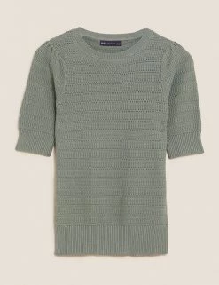 Budget 🎉 M&S Collection Tops Cotton Rich Puff Sleeve Knitted Top 🤩 -New In Womens Sales 2022 SD 01 T38 0654 DW X EC 90