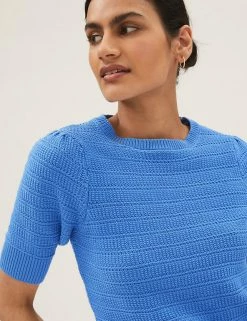Budget 🎉 M&S Collection Tops Cotton Rich Puff Sleeve Knitted Top 🤩 -New In Womens Sales 2022 SD 01 T38 0654 OT X EC 2
