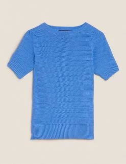 Budget 🎉 M&S Collection Tops Cotton Rich Puff Sleeve Knitted Top 🤩 -New In Womens Sales 2022 SD 01 T38 0654 OT X EC 90