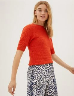 Budget 🎉 M&S Collection Tops Cotton Rich Puff Sleeve Knitted Top 🤩