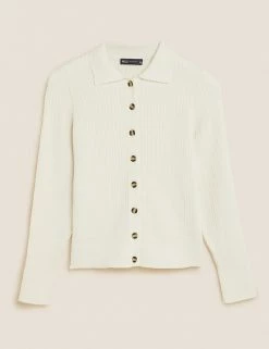 Budget 🔥 M&S Collection Cardigans Cotton Rich Ribbed Collared Cardigan ✨
