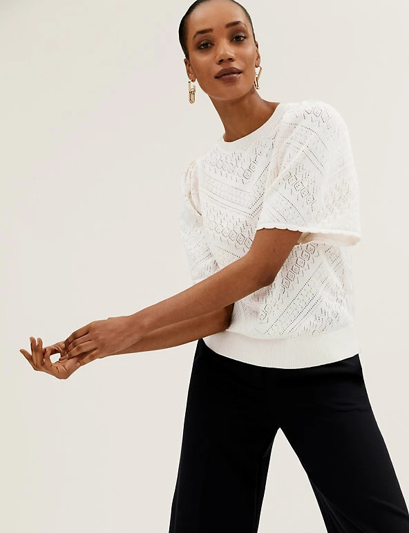 New ๐ M&S Collection Tops Pure Cotton Pointelle Crew Neck Knitted Top ๐ 4 New ๐ M&S Collection Tops Pure Cotton Pointelle Crew Neck Knitted Top ๐ - Image 4