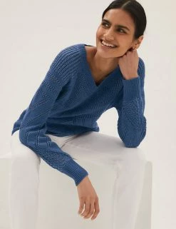 Flash Sale 🔔 M&S Collection Jumpers Cotton Rich Textured V-Neck Jumper 😀 -New In Womens Sales 2022 SD 01 T38 0993 PD X EC 0