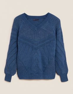 Flash Sale 🔔 M&S Collection Jumpers Cotton Rich Textured V-Neck Jumper 😀 -New In Womens Sales 2022 SD 01 T38 0993 PD X EC 90