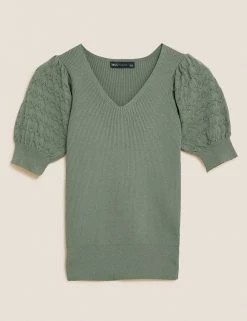 Brand new ⭐ M&S Collection Tops Textured V-Neck Puff Sleeve Knitted Top 🥰 -New In Womens Sales 2022 SD 01 T38 4878 DW X EC 90