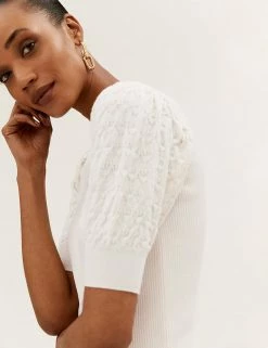 Brand new ⭐ M&S Collection Tops Textured V-Neck Puff Sleeve Knitted Top 🥰 -New In Womens Sales 2022 SD 01 T38 4878 K1 X EC 0