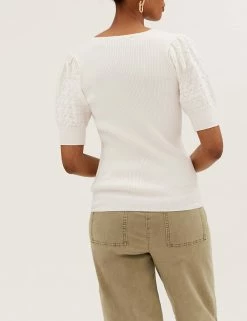 Brand new ⭐ M&S Collection Tops Textured V-Neck Puff Sleeve Knitted Top 🥰 -New In Womens Sales 2022 SD 01 T38 4878 K1 X EC 2