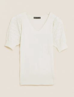 Brand new ⭐ M&S Collection Tops Textured V-Neck Puff Sleeve Knitted Top 🥰 -New In Womens Sales 2022 SD 01 T38 4878 K1 X EC 90