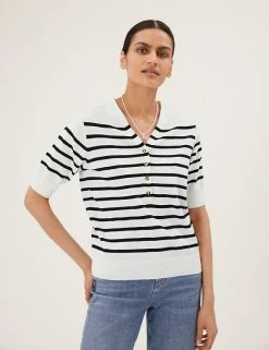 Coupon 🔥 M&S Collection Jumpers Cotton Rich Striped Knitted Top 🛒 -New In Womens Sales 2022 SD 01 T38 5114A K4 X EC 1