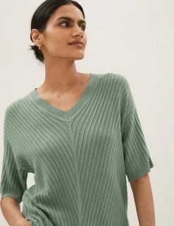 Discount 🔔 M&S Collection Jumpers Ribbed V-Neck Relaxed Knitted Top 🔥 -New In Womens Sales 2022 SD 01 T38 5778 DW X EC 2