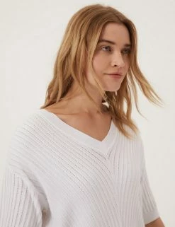 Discount 🔔 M&S Collection Jumpers Ribbed V-Neck Relaxed Knitted Top 🔥 -New In Womens Sales 2022 SD 01 T38 5778 P6 X EC 1