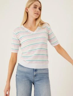 Best deal ⌛ M&S Collection Tops Striped V-Neck Knitted Top With Linen 😍 -New In Womens Sales 2022 SD 01 T38 8555A P6 X EC 1