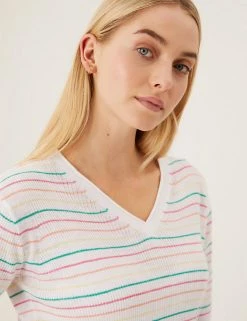 Best deal ⌛ M&S Collection Tops Striped V-Neck Knitted Top With Linen 😍 -New In Womens Sales 2022 SD 01 T38 8555A P6 X EC 2