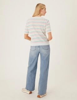 Best deal ⌛ M&S Collection Tops Striped V-Neck Knitted Top With Linen 😍 -New In Womens Sales 2022 SD 01 T38 8555A P6 X EC 3