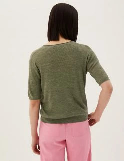 Outlet 🥰 M&S Collection Tops Ribbed V-Neck Knitted Top With Linen 🤩 -New In Womens Sales 2022 SD 01 T38 8555 DW X EC 2