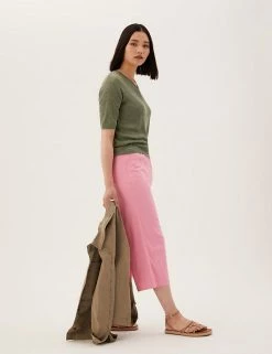 Outlet 🥰 M&S Collection Tops Ribbed V-Neck Knitted Top With Linen 🤩 -New In Womens Sales 2022 SD 01 T38 8555 DW X EC 3