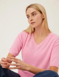 Outlet 🥰 M&S Collection Tops Ribbed V-Neck Knitted Top With Linen 🤩 -New In Womens Sales 2022 SD 01 T38 8555 IN X EC 2