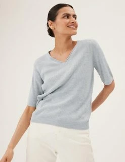 Outlet 🥰 M&S Collection Tops Ribbed V-Neck Knitted Top With Linen 🤩 -New In Womens Sales 2022 SD 01 T38 8555 WO X EC 0