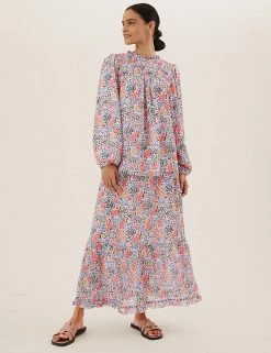 New 🎉 M&S Collection 👚 Shirts & Blouses Ditsy Floral Smocked Long Sleeve Blouse 🛒 -New In Womens Sales 2022 SD 01 T41 1045X E4 X EC 1