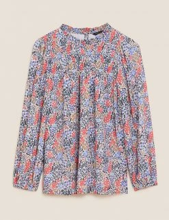 New 🎉 M&S Collection 👚 Shirts & Blouses Ditsy Floral Smocked Long Sleeve Blouse 🛒 -New In Womens Sales 2022 SD 01 T41 1045X E4 X EC 90