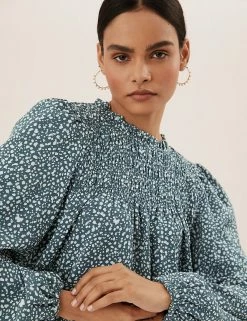New 🎉 M&S Collection 👚 Shirts & Blouses Ditsy Floral Smocked Long Sleeve Blouse 🛒 -New In Womens Sales 2022 SD 01 T41 1045X J4 X EC 2
