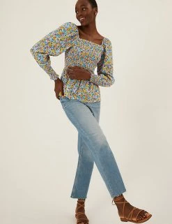 Brand new 😍 M&S Collection Tops Pure Cotton Printed 3/4 Sleeve Top 💯 -New In Womens Sales 2022 SD 01 T41 1341W P4 X EC 3