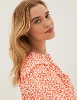 Budget ❤️ M&S Collection 👕 Shirts & Blouses Printed Smocked Short Sleeve Blouse 🌟 -New In Womens Sales 2022 SD 01 T41 1345W C8 X EC 2