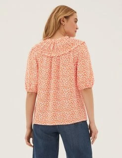 Budget ❤️ M&S Collection 👕 Shirts & Blouses Printed Smocked Short Sleeve Blouse 🌟 -New In Womens Sales 2022 SD 01 T41 1345W C8 X EC 3