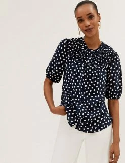 Budget ❤️ M&S Collection 👕 Shirts & Blouses Printed Smocked Short Sleeve Blouse 🌟 -New In Womens Sales 2022 SD 01 T41 1345W E4 X EC 0