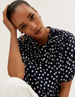 Budget ❤️ M&S Collection 👕 Shirts & Blouses Printed Smocked Short Sleeve Blouse 🌟 -New In Womens Sales 2022 SD 01 T41 1345W E4 X EC 1