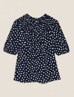 Budget ❤️ M&S Collection 👕 Shirts & Blouses Printed Smocked Short Sleeve Blouse 🌟 -New In Womens Sales 2022 SD 01 T41 1345W E4 X EC 90