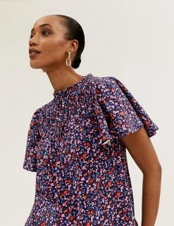Discount ⭐ M&S Collection Women Pure Cotton Floral Shirred Short Sleeve Top 🎁