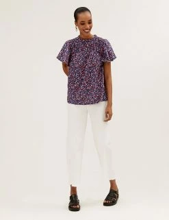 Discount ⭐ M&S Collection Women Pure Cotton Floral Shirred Short Sleeve Top 🎁 -New In Womens Sales 2022 SD 01 T41 1561C A4 X EC 1