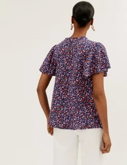 Discount ⭐ M&S Collection Women Pure Cotton Floral Shirred Short Sleeve Top 🎁 -New In Womens Sales 2022 SD 01 T41 1561C A4 X EC 2