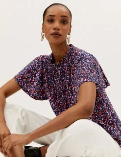 Discount ⭐ M&S Collection Women Pure Cotton Floral Shirred Short Sleeve Top 🎁 -New In Womens Sales 2022 SD 01 T41 1561C A4 X EC 3