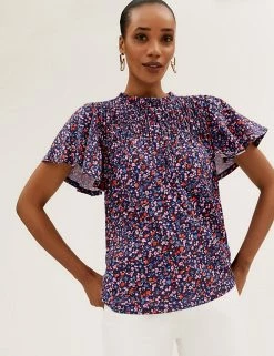 Discount ⭐ M&S Collection Women Pure Cotton Floral Shirred Short Sleeve Top 🎁 -New In Womens Sales 2022 SD 01 T41 1561C A4 X EC 4