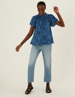 Discount ⭐ M&S Collection Women Pure Cotton Floral Shirred Short Sleeve Top 🎁 -New In Womens Sales 2022 SD 01 T41 1561C E4 X EC 1