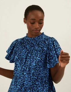 Discount ⭐ M&S Collection Women Pure Cotton Floral Shirred Short Sleeve Top 🎁 -New In Womens Sales 2022 SD 01 T41 1561C E4 X EC 2