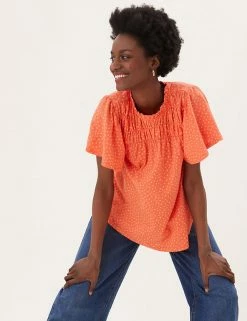 Discount ⭐ M&S Collection Women Pure Cotton Floral Shirred Short Sleeve Top 🎁 -New In Womens Sales 2022 SD 01 T41 1561C P4 X EC 0