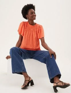 Discount ⭐ M&S Collection Women Pure Cotton Floral Shirred Short Sleeve Top 🎁 -New In Womens Sales 2022 SD 01 T41 1561C P4 X EC 3