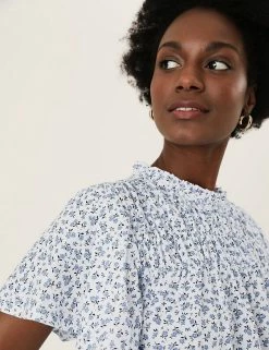 Discount ⭐ M&S Collection Women Pure Cotton Floral Shirred Short Sleeve Top 🎁 -New In Womens Sales 2022 SD 01 T41 1561C Z4 X EC 1
